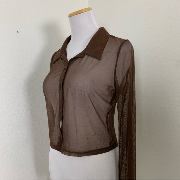 Le Lis Long sleeve semi sheer mesh collared button up chocolate brown top blouse - Picture 11 of 14